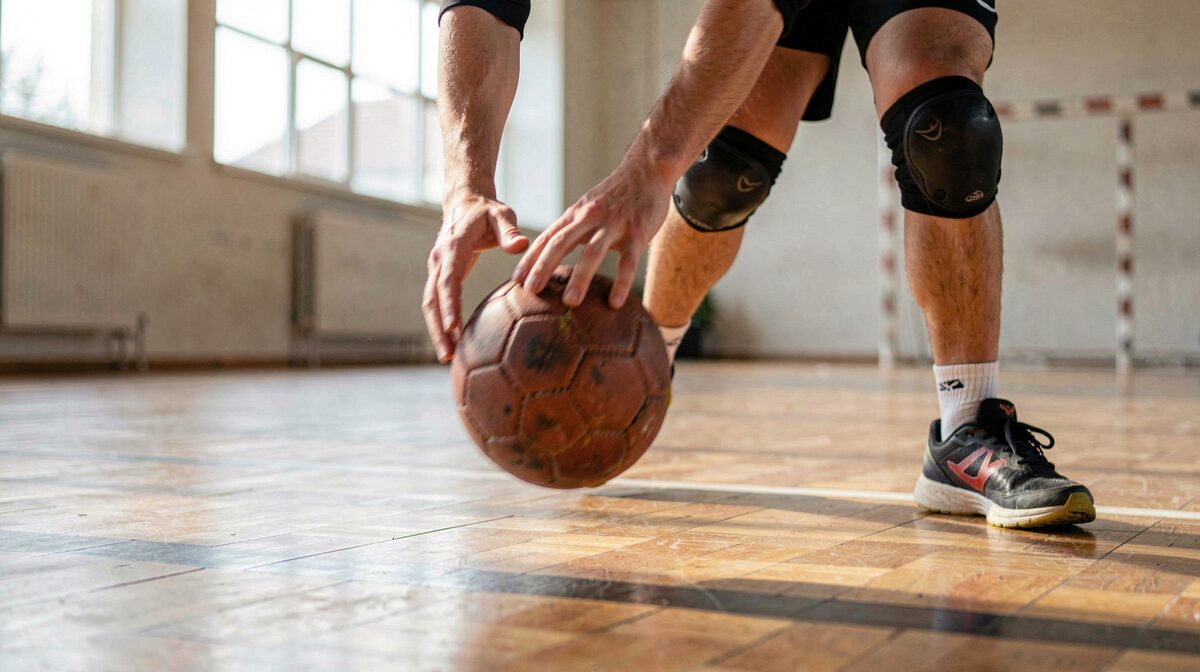 A close view of a handball player's hands bouncing a leather handball on a parquet floor during training, legs in motion, knee pads and indoor shoes visible, side light from hall windows, motion blur on the ball only, no text